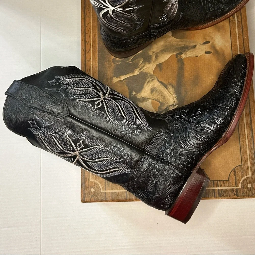 Men's Cowboy Boots Size 10 Black Leather Handmade Intricate Detail Square Toe